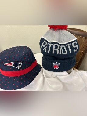 NFL Patriots Navy, Gray & Red Pom Beanie and Navy Polka Dot Bucket Hat